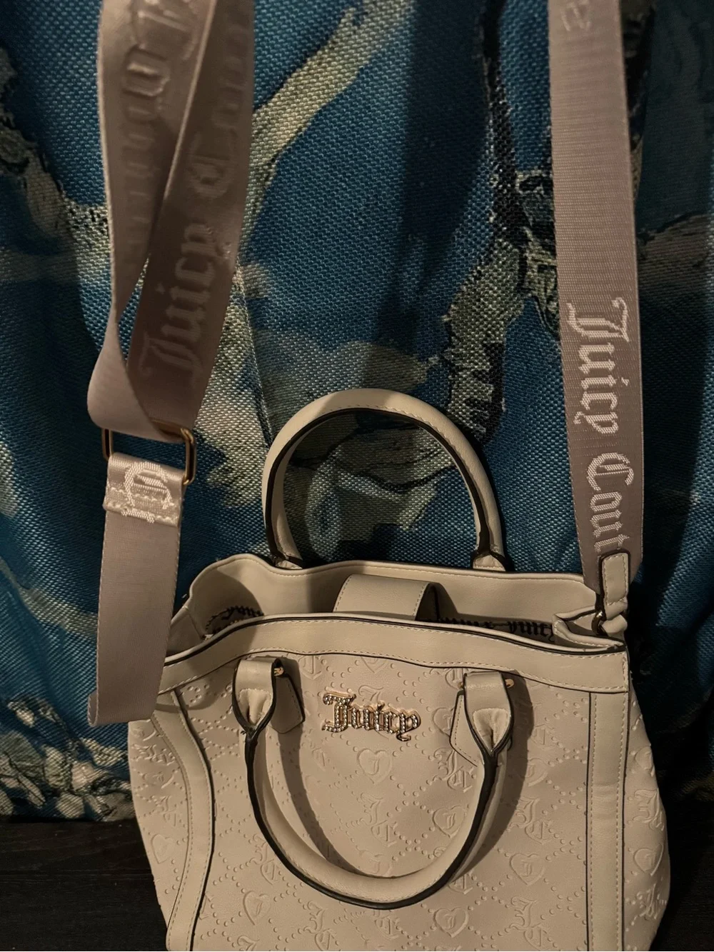 Juicy Couture Ivory Embossed Satchel with Crystal Logo